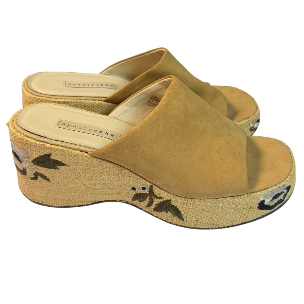 Apostrophe Bromely‎ Platform Sandals Women 10M Tan Leather Embroidered Raffia